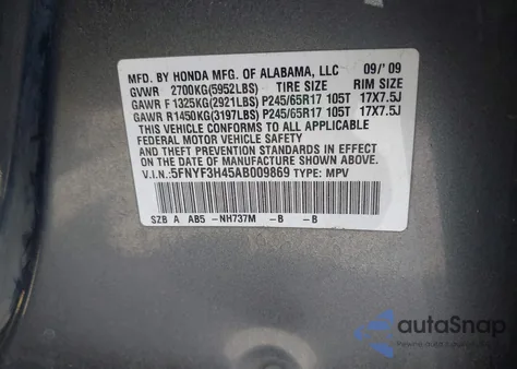 2010 Honda Pilot Ex z USA, uszkodzony, nr VIN 5FNYF3H45AB009869